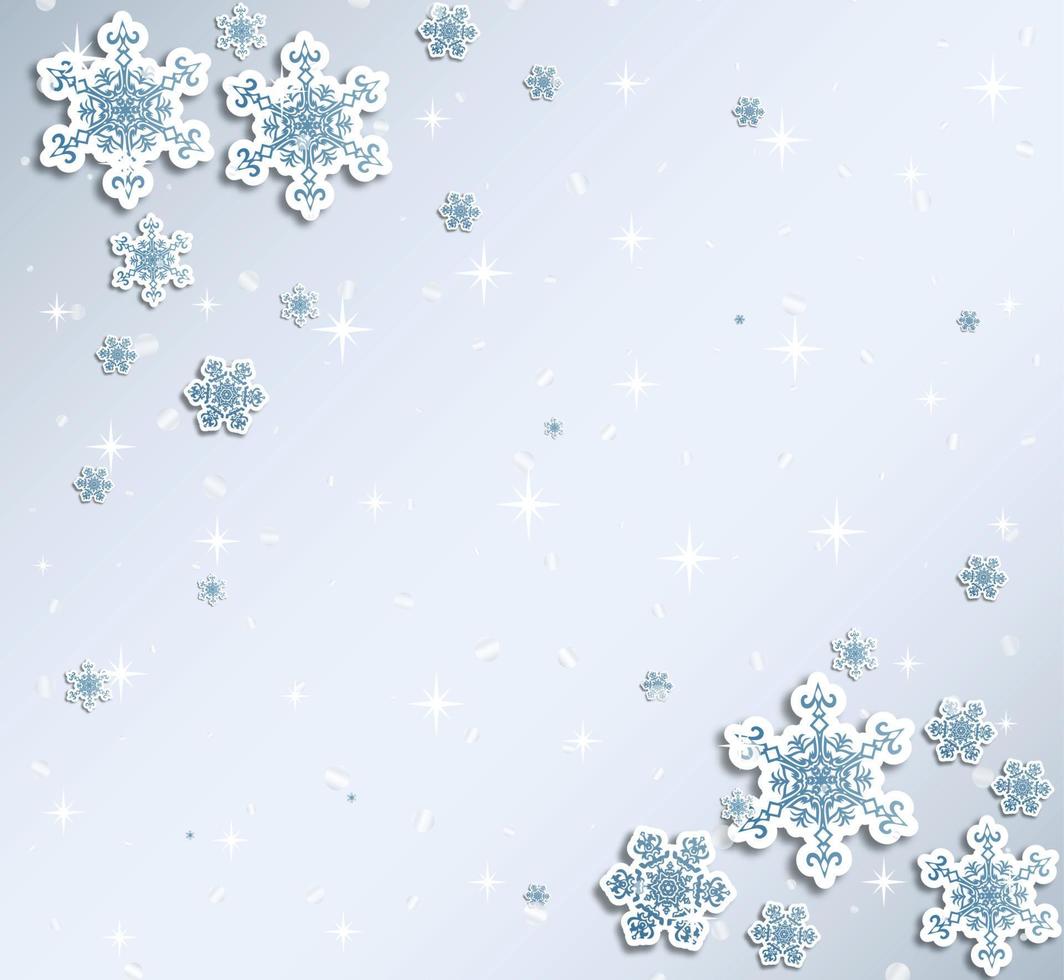 Christmas greeting card with type design and decorations on the snowy blue background. Vector illustration.