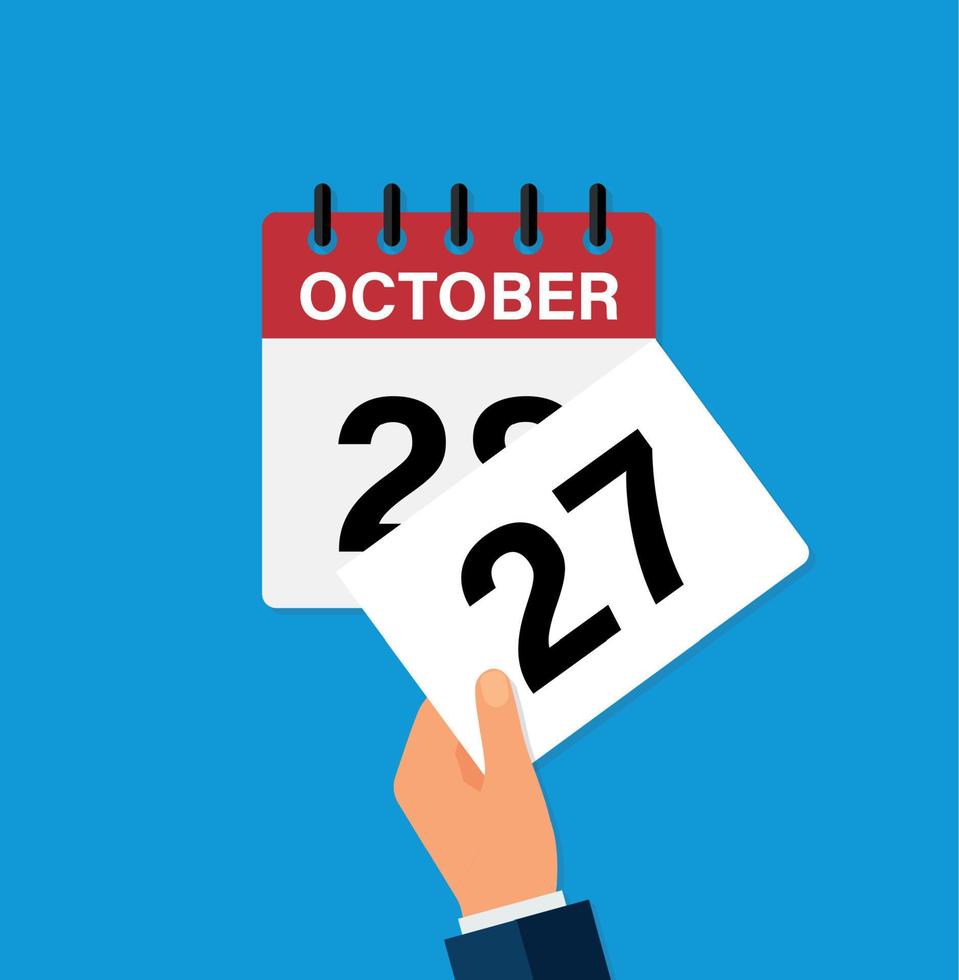 tear off a leaf october 27 on a wall calendar. the coming of a new day. flat vector illustration.
