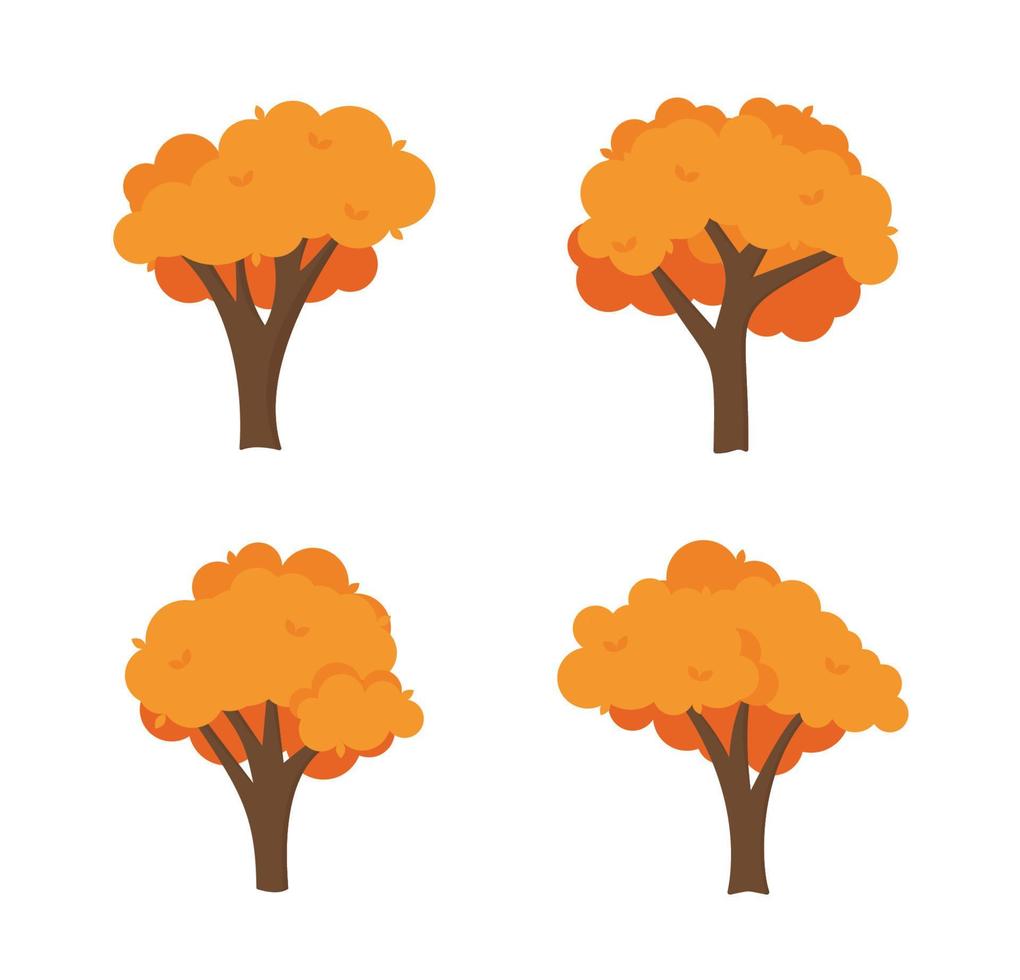 Colorful autumn trees. Cartoon yellow orange fall tree and autumnal garden bush icon with fall season gold leaves for city park and forest landscape background vector isolated symbol set