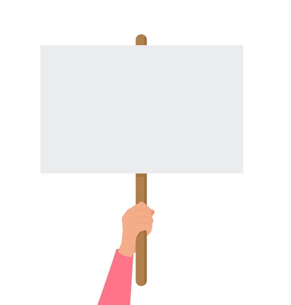 Empty sign in hand. Hands holding blank protest poster. Cartoon vector illustration. Placard and poster empty, protest announcement board