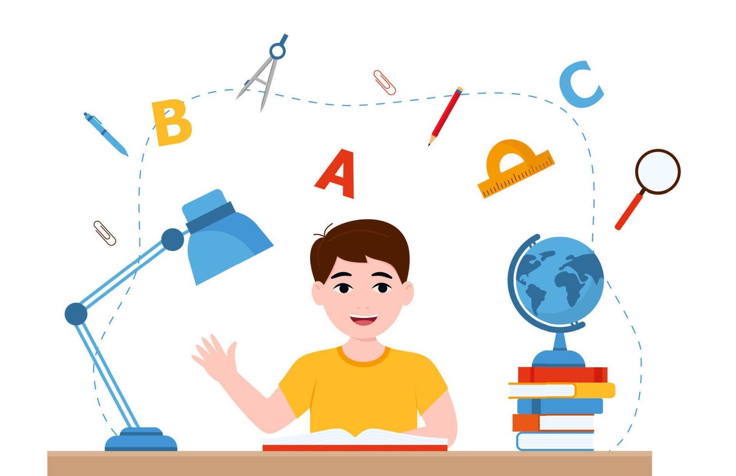 Boys are writing, kids doing homework, maths at home. Cartoon cute little boy in red shirt Siting on the desk. The concept of learning age. Vector illustrations isolated on white background.