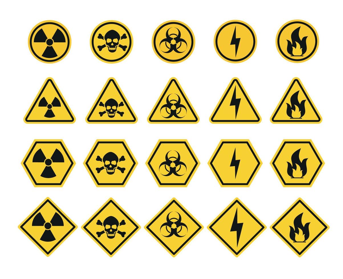 Danger warning circle yellow sign. Radiation sign, toxic sign and biohazard vector icon isolated on white background.