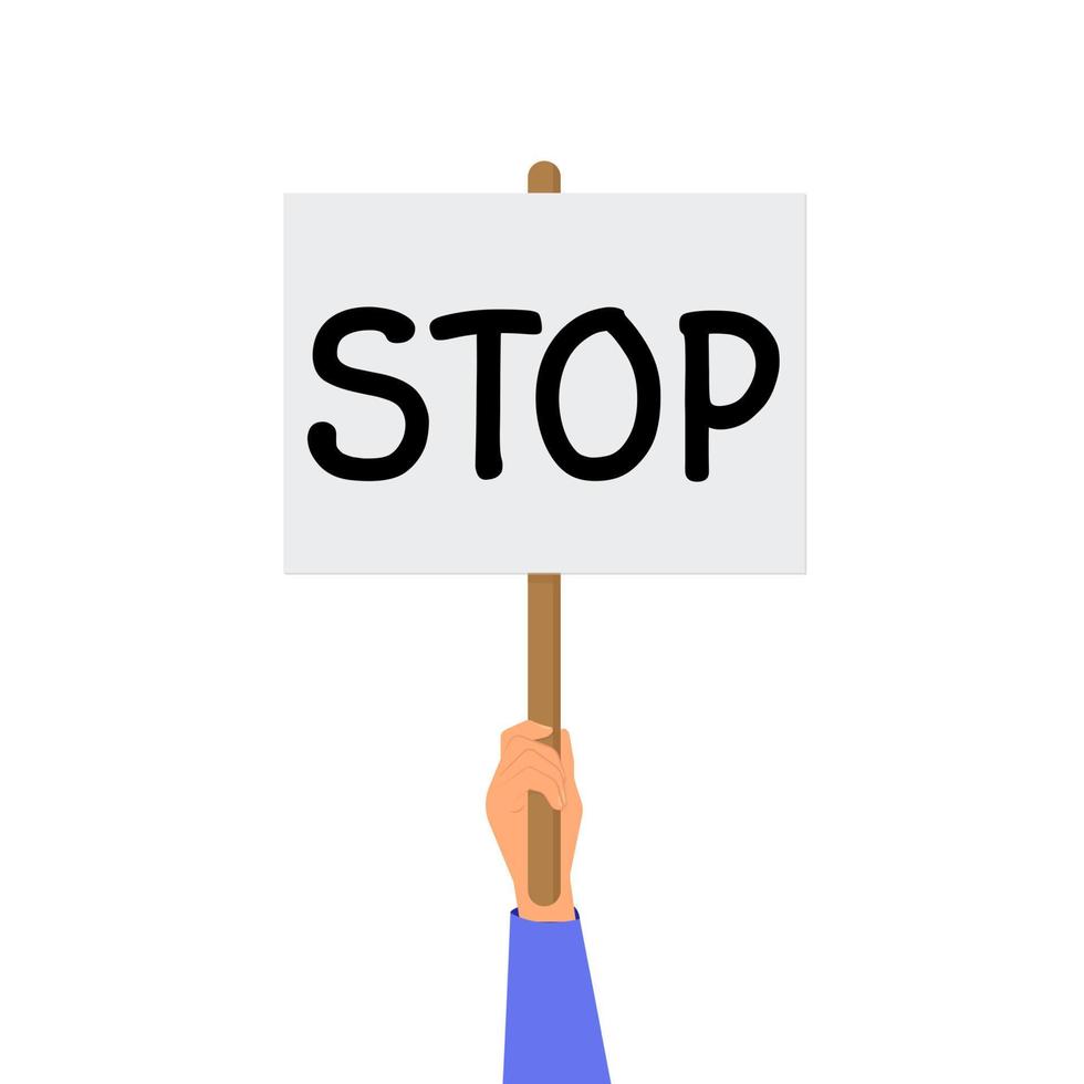 Cartoon hands of demonstrants and hand with Megaphone and stop sign, protest concept, revolution, conflict, vector illustration in flat design, on red background