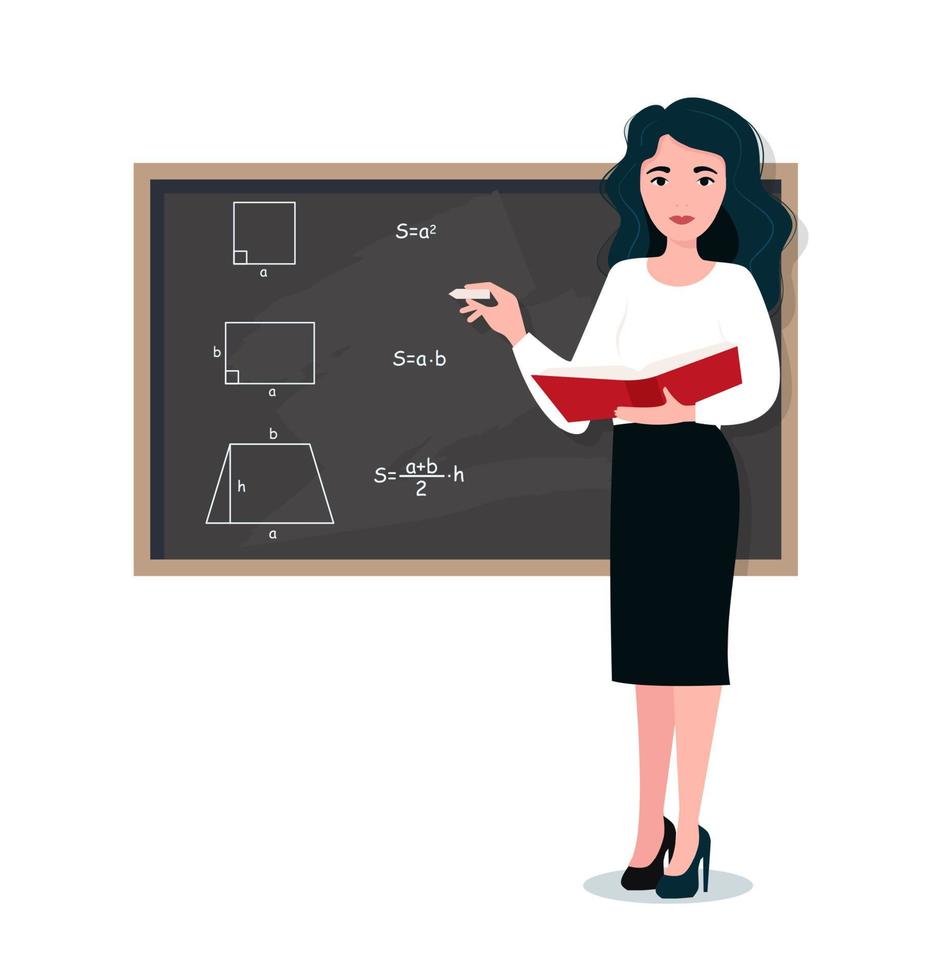 Female teacher in classroom. Smiling woman teacher standing by blackboard or chalkboard in the classroom. School and learning concept, teacher s day. vector