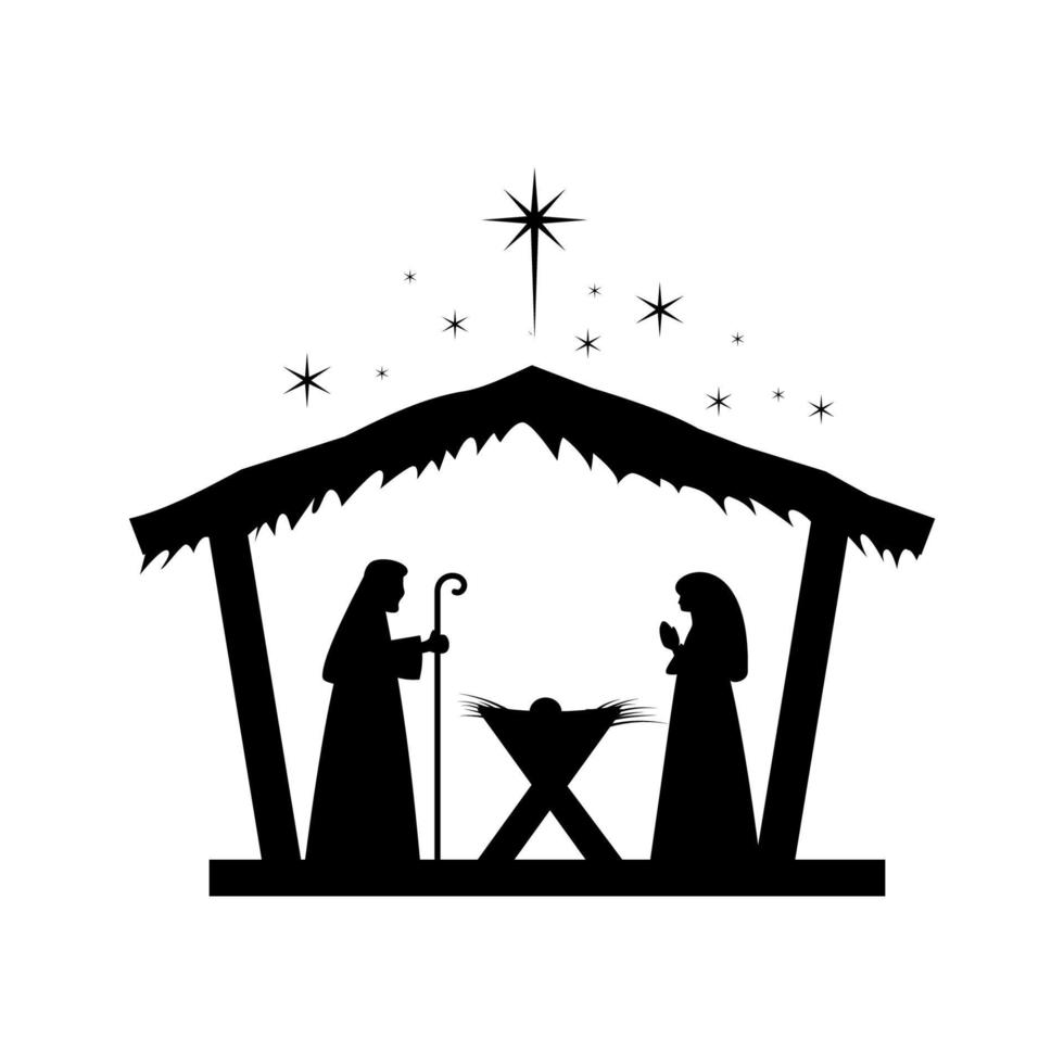 Christmas nativity scene with baby Jesus, Mary and Joseph in the manger.Traditional christian christmas story. Vector illustration for children. eps 10