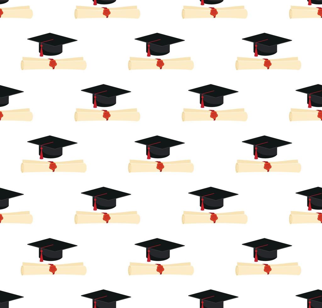 Graduation cap and diploma scroll seamless background. Higher education celebration anniversary symbol pattern. Black texture backdrop. Vector illustration