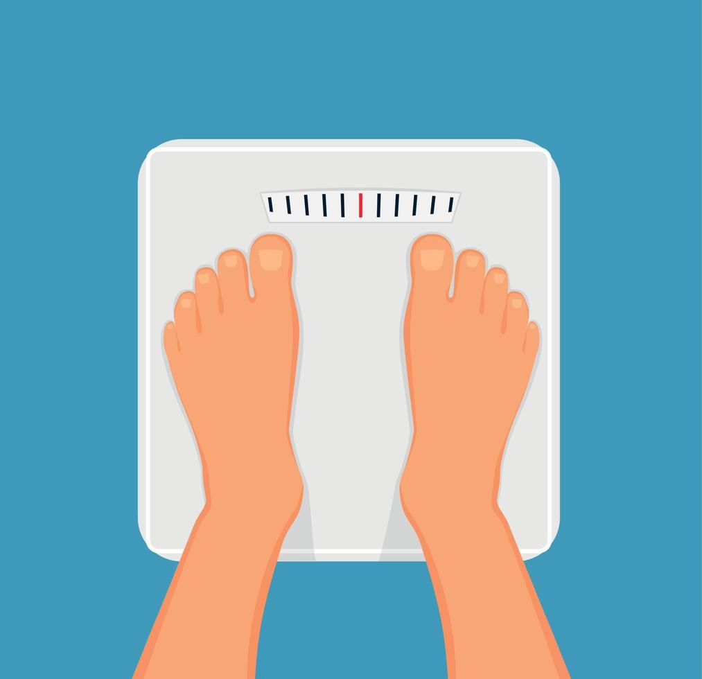 Woman is standing on bathroom scales,top view of feet. Weight measurement and control. Concept of healthy lifestyle, dieting and fitness vector