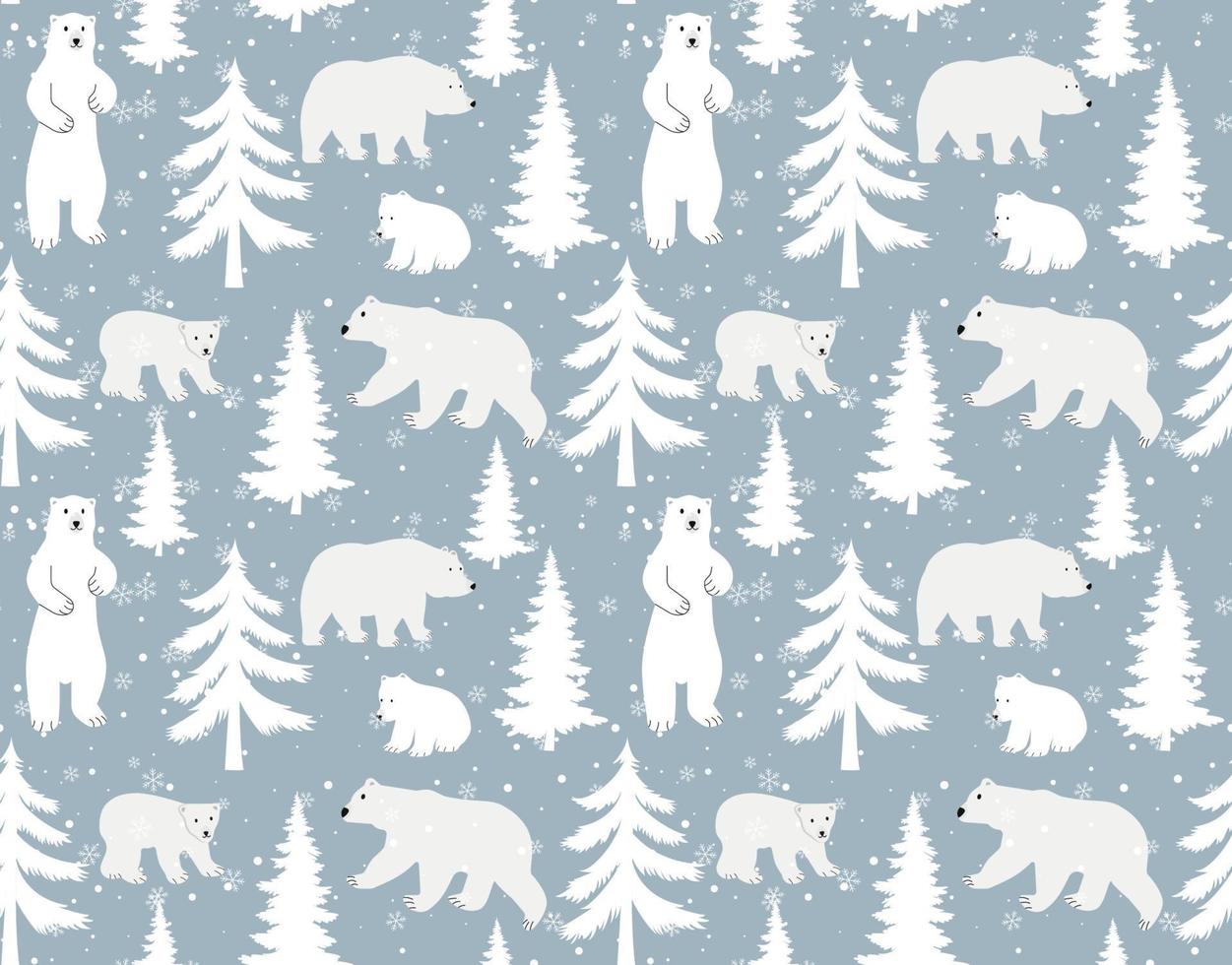 Seamless vector pattern with cute hand drawn polar bears, pine trees and snowy winter woodland on dark blue background. Perfect for textile, wallpaper or print design.