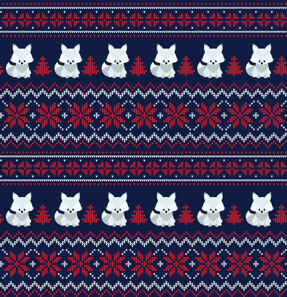 Knitted Christmas and New Year pattern into foxes. Wool Knitting Sweater Design. Wallpaper wrapping paper textile print. vector