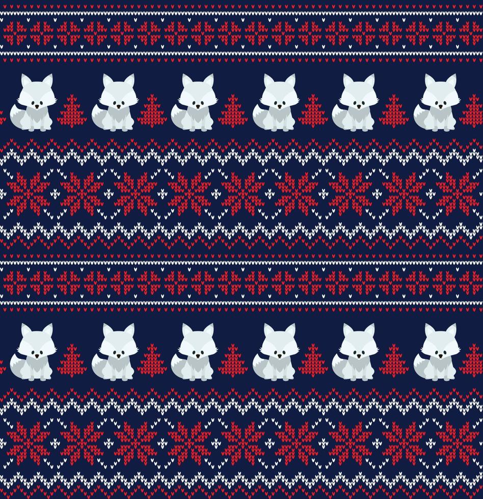 Knitted Christmas and New Year pattern into foxes. Wool Knitting Sweater Design. Wallpaper wrapping paper textile print. vector