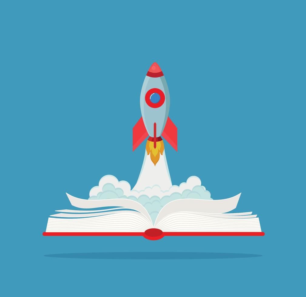 Rocket launch, ship and opened book. Vector illustration. Concept of education poster, banner.