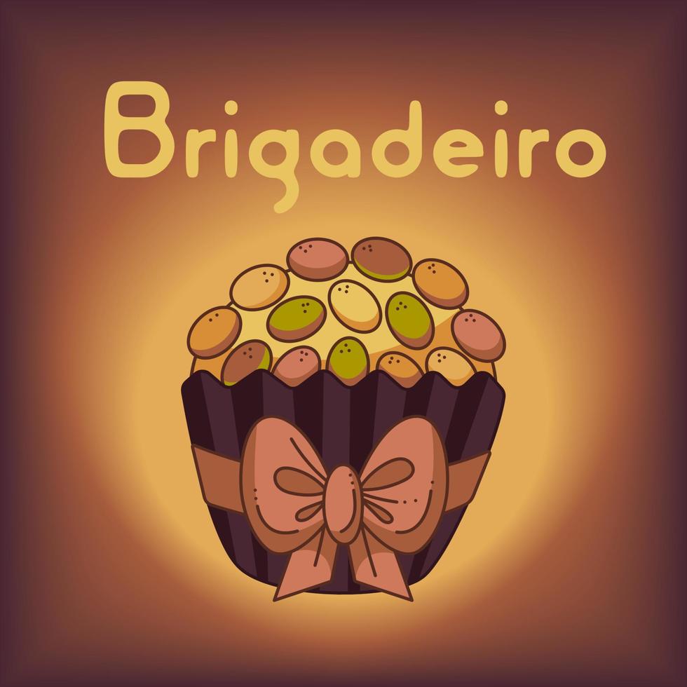 Postcard with Brigadeiro candy. Postcard with brazilian candy, text and bow. Cartoon vector illustration.