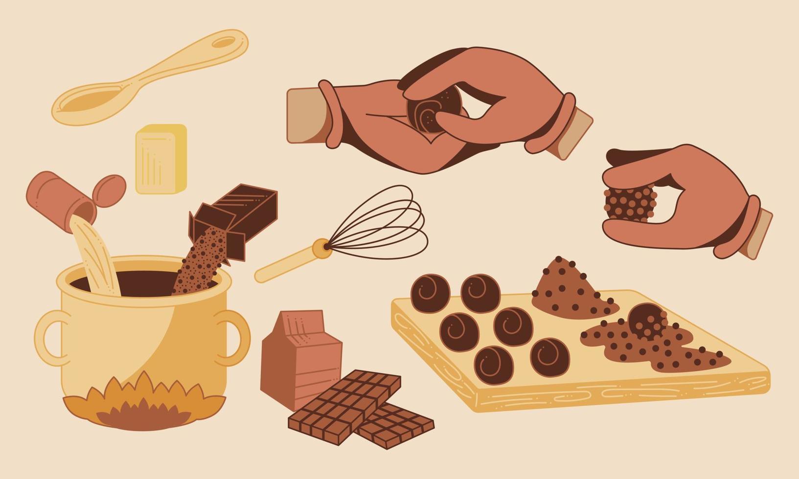 Brigadeiro candy cooking. How to make Brazilian sweets. Cartoon vector illustration.