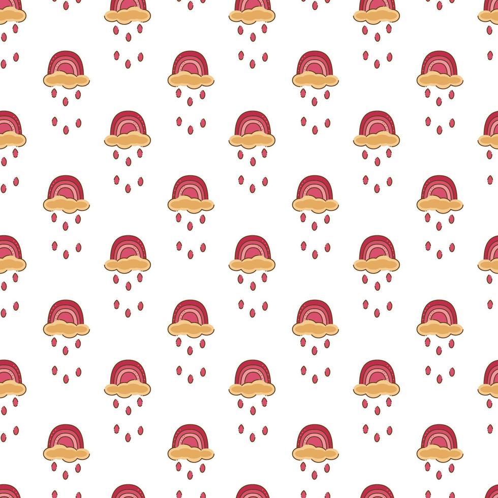 Rainbow pattern. Seamless cute pattern with pink rainbows, rain and yellow clouds. Cartoon vector illustration.