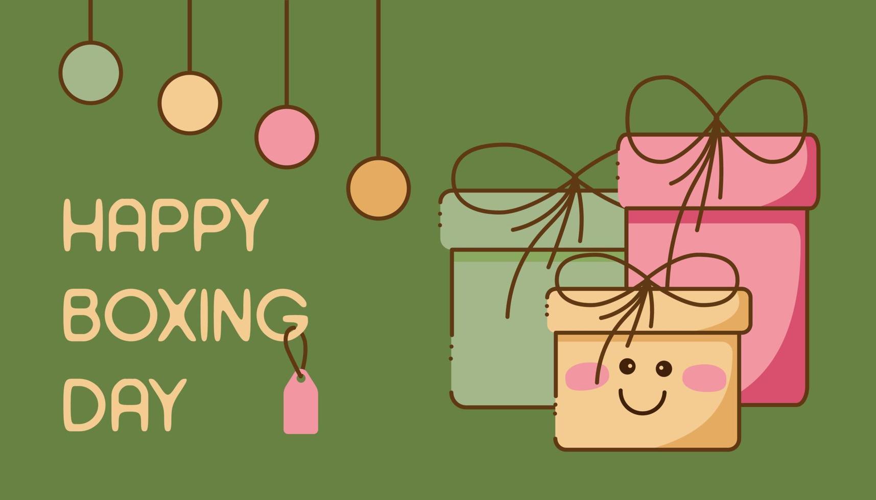 Boxing day1. Boxing day advertising card with joyful gift character, balls and happy boxing day lettering. vector