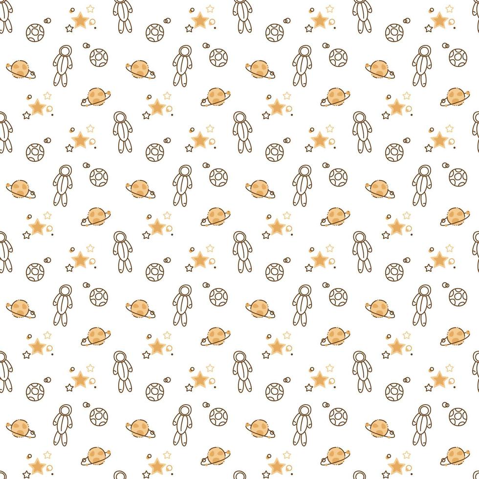 Pattern with astronaut and planets. Cute seamless pattern with planets, astronaut and stars. Cartoon doodle vector illustration.