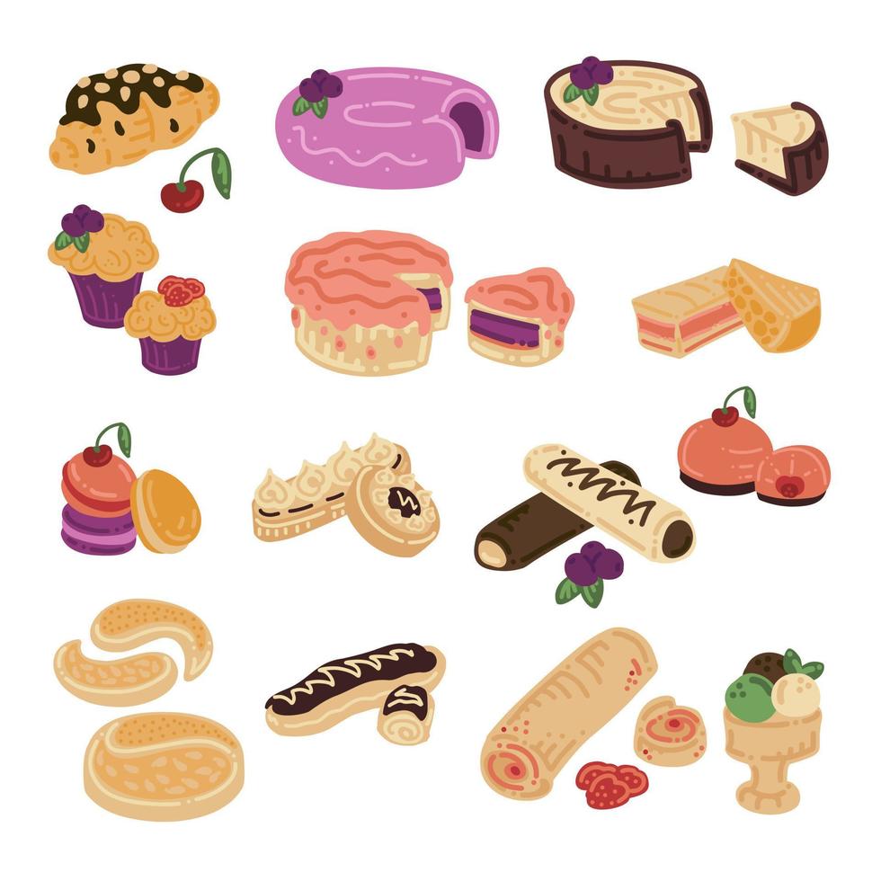 Cake set. Croissant, muffins, cakes, cake pieces, eclairs, curds, tartlets, sweet roll, ice cream. Vector hand draw cartoon illustration.