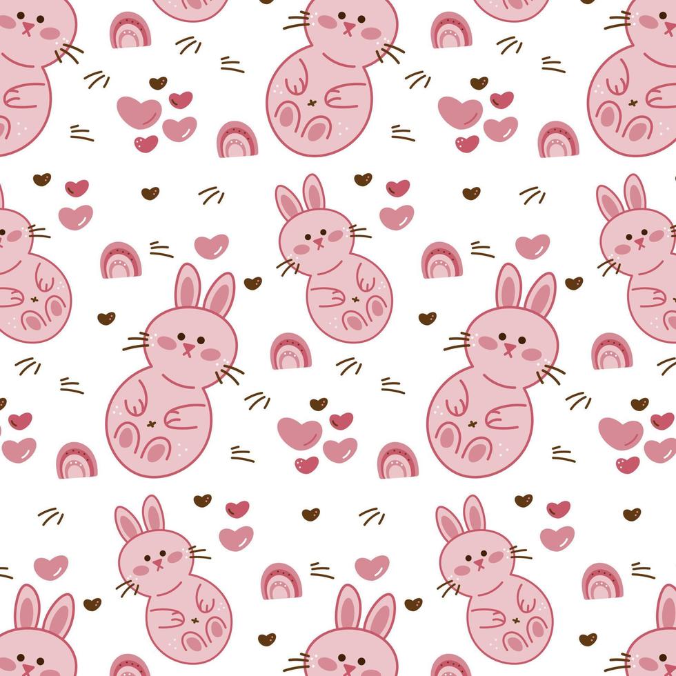 Rabbit pattern. Seamless pattern with cute bunny, hearts and rainbow. vector