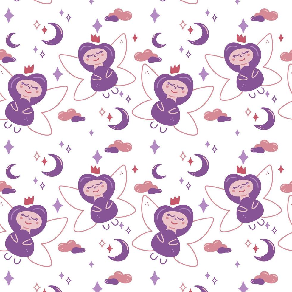 Fairy princess pattern. Seamless pattern with cute fairy, moon, stars and clouds. vector