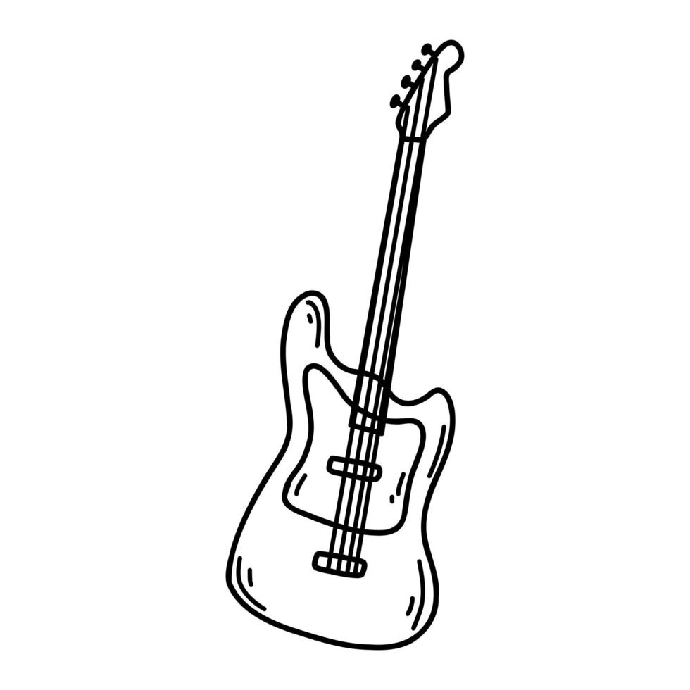 Doodle electric guitar. Vector sketch illustration of musical instrument, black outline art for web design, icon, print, coloring page
