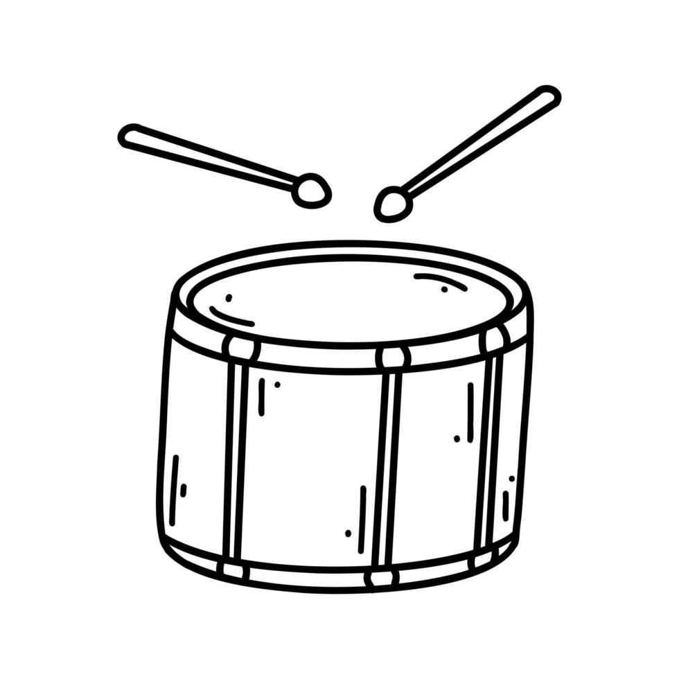 Doodle drum with drumsticks. Vector sketch illustration of musical instrument, black outline art for web design, icon, print, coloring page