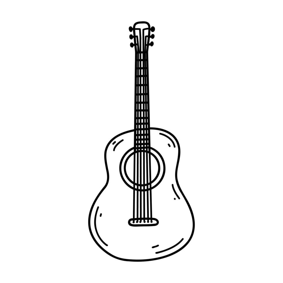 Doodle guitar. Vector sketch illustration of musical instrument, black outline art for web design, icon, print, coloring page