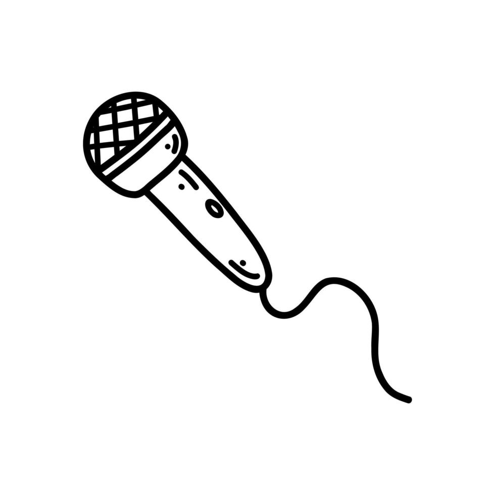 Doodle microphone with wire. Vector sketch illustration of musical instrument for singing, performances, karaoke, black outline art for web design, icon, print, coloring page