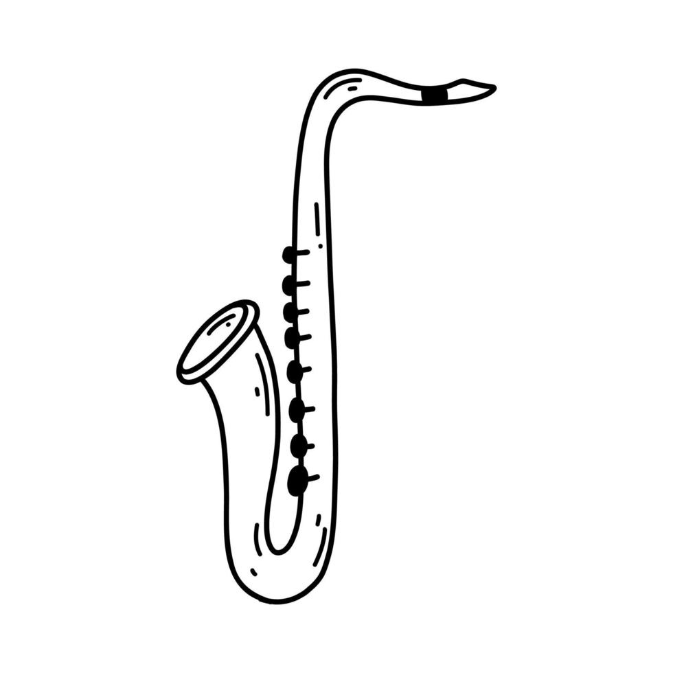 Doodle saxophone. Vector sketch illustration of musical instrument, black outline art for web design, icon, print, coloring page