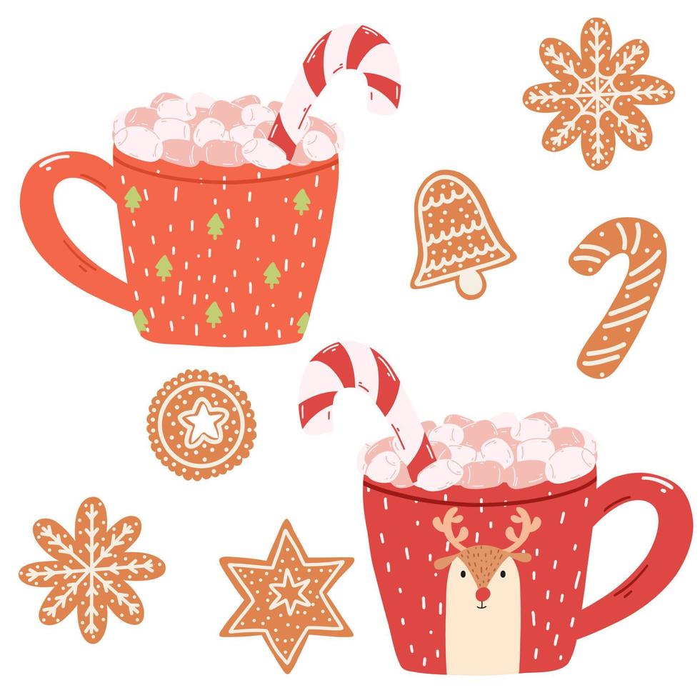 Cute mugs with marshmallows, candy cane and gingerbread cookies in cartoon style. Hand drawn vector illustration of hot drinks and Christmas sweets.