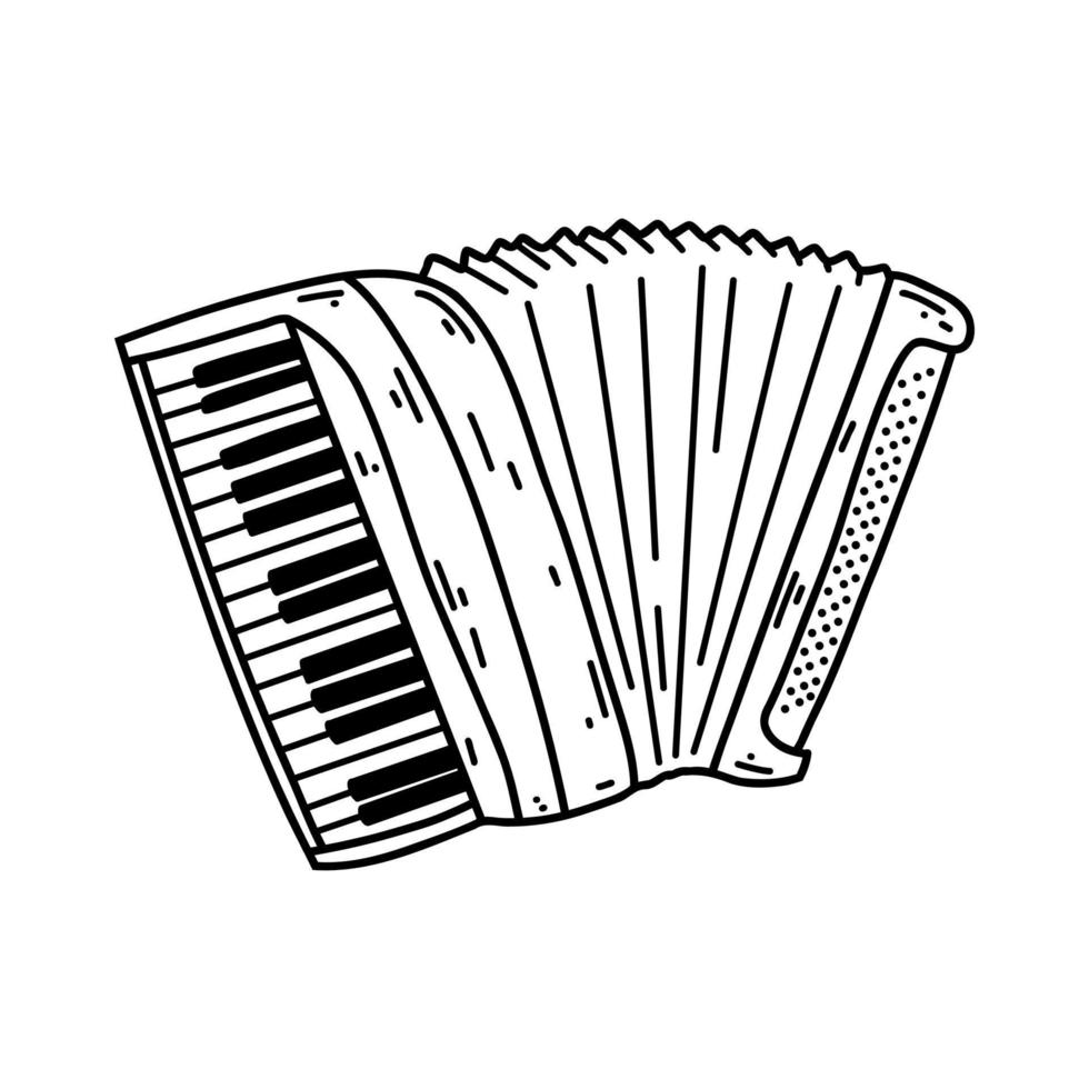 Doodle accordion. Vector sketch illustration of musical instrument, black outline art for web design, icon, print, coloring page