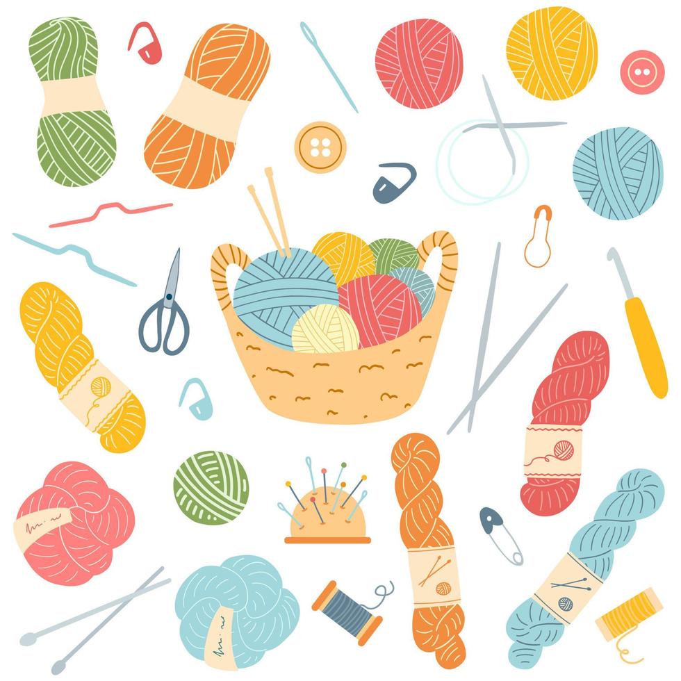 A set of various crochet and knitting tools. Color vector flat illustration  isolated on white background. Knitting scissors, pins, crochet hooks, knitting  needles, and skeins of thread. 25948387 Vector Art at Vecteezy