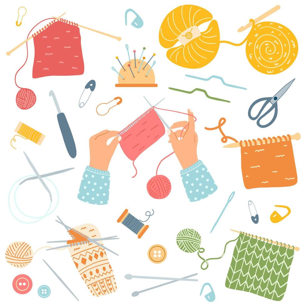 A set of various crochet and knitting tools. Color vector flat