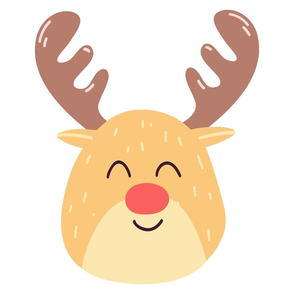 Cute Christmas deer face in cartoon flat style. Hand drawn vector illustration of animal character