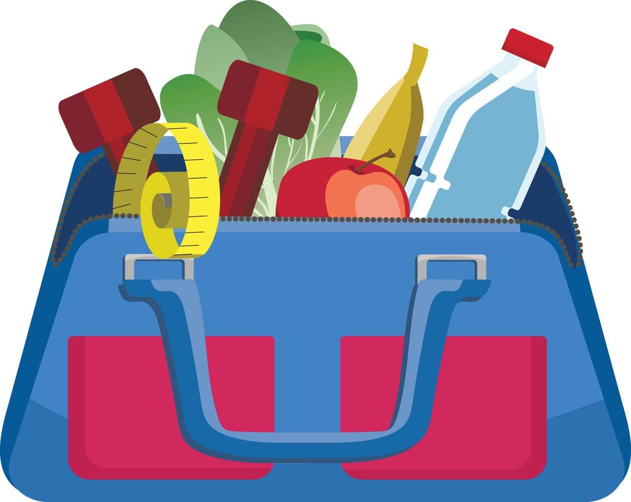 Vector illustration of a gym bag filled with vegetables, fruits, dumbbells, measure tape and water bottle.