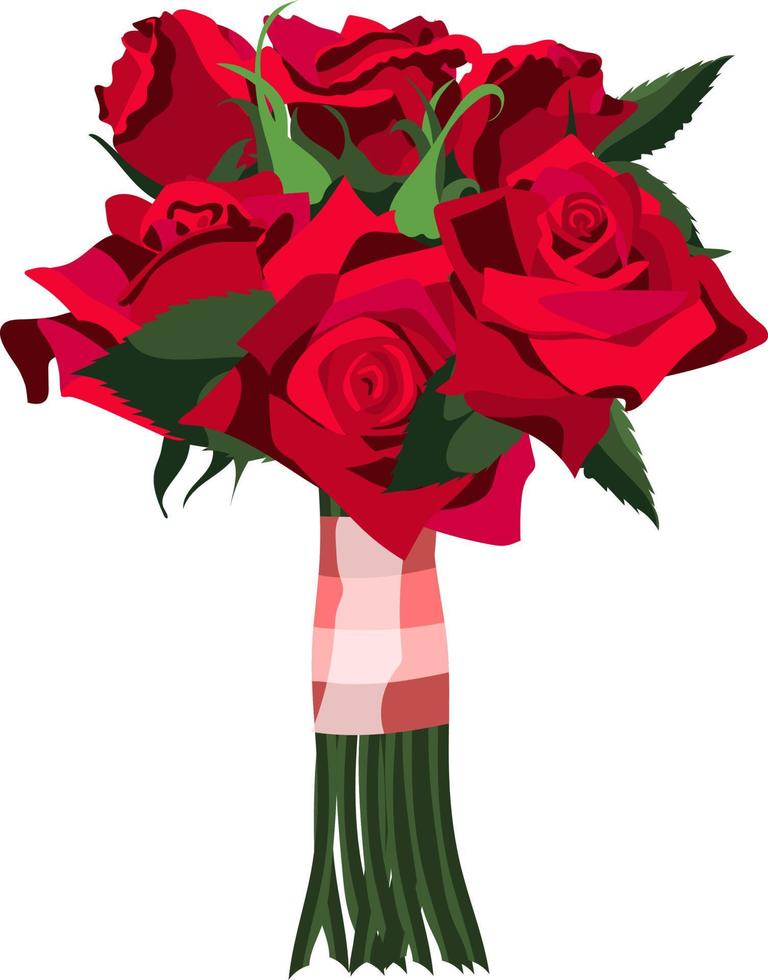 Red rose bouquet with stems and silk band. Isolated on white background vector