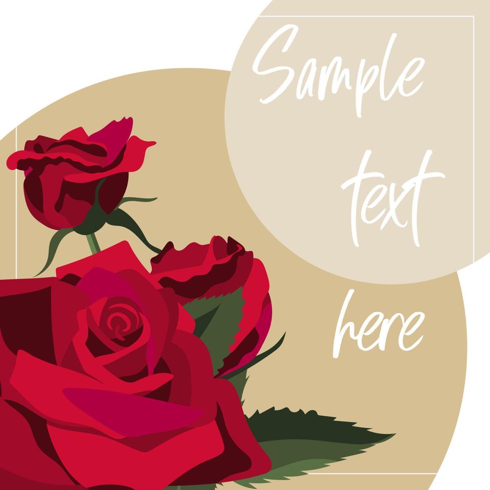 Square floral background with red roses and gold circles, copy space included vector