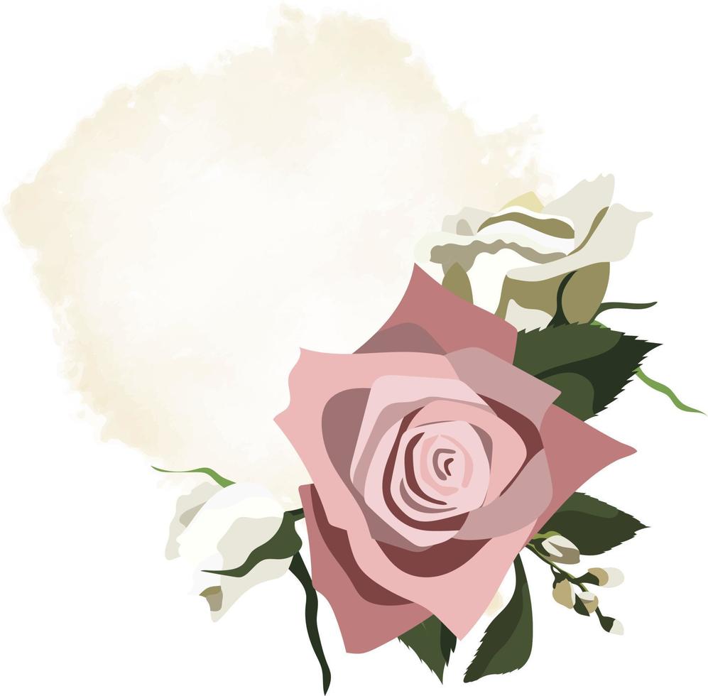 plantilla de invitación floral con rosas rosadas y marfil, jazmín y fondo de estilo acuarela vector