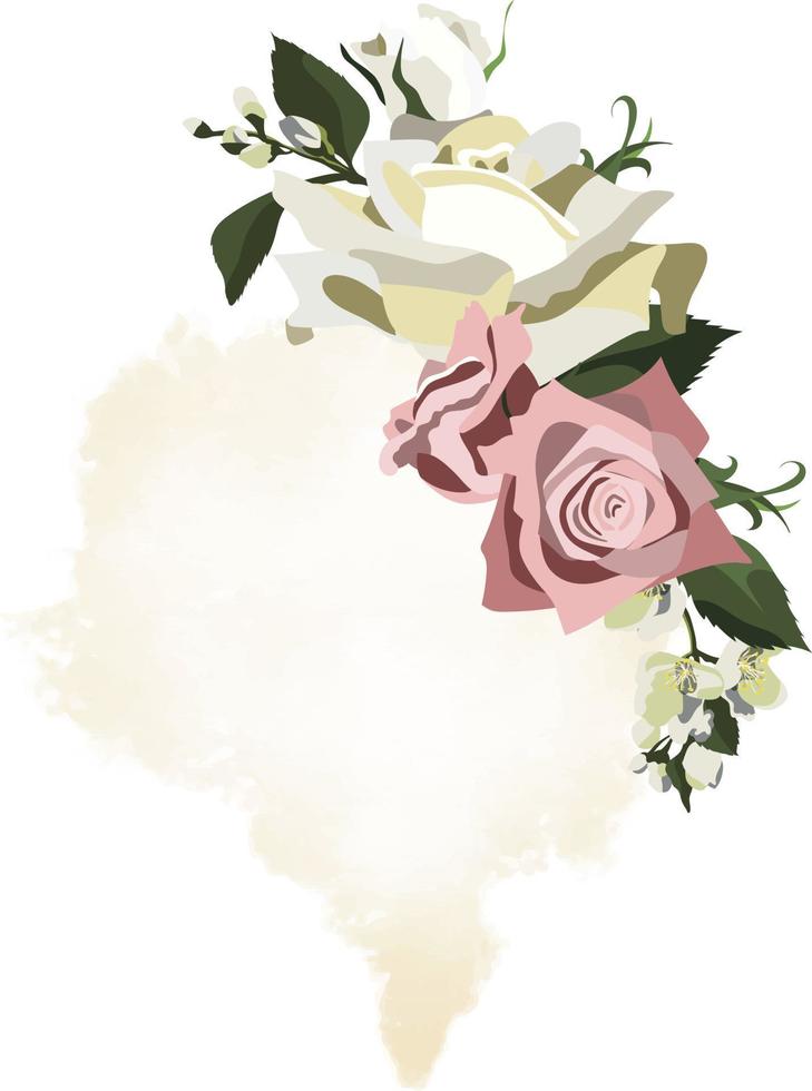 Floral template with white and pink roses, jasmine and greenery on watercolor styled ivory background vector