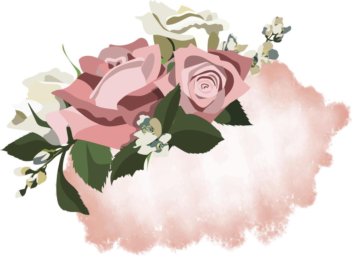 Floral template with white and pink roses, jasmine and greenery on watercolor styled pink background vector