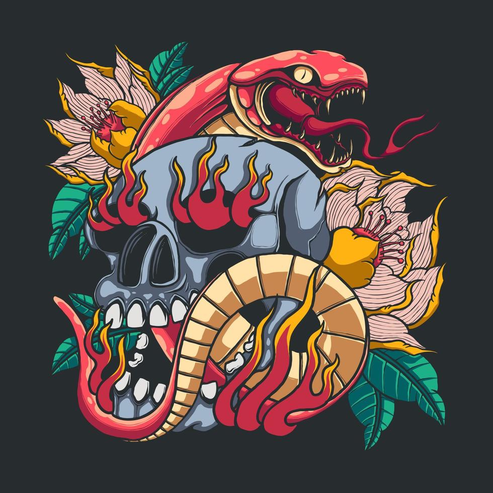 skull snake flowers vector