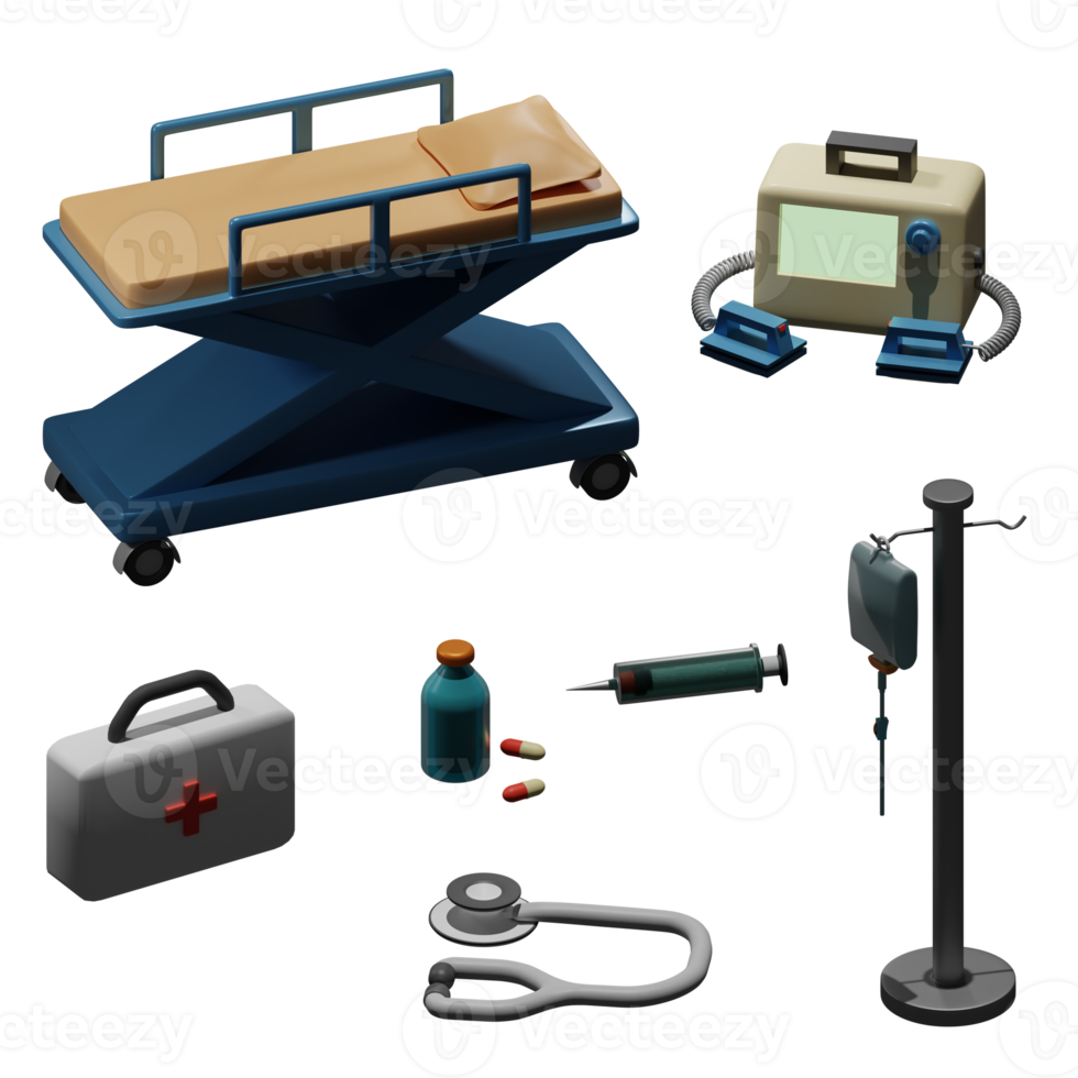 3d rendered paramedic set includes patient's bed, stethoscope, medicine bag, infusion, defibrillator perfect for design project png