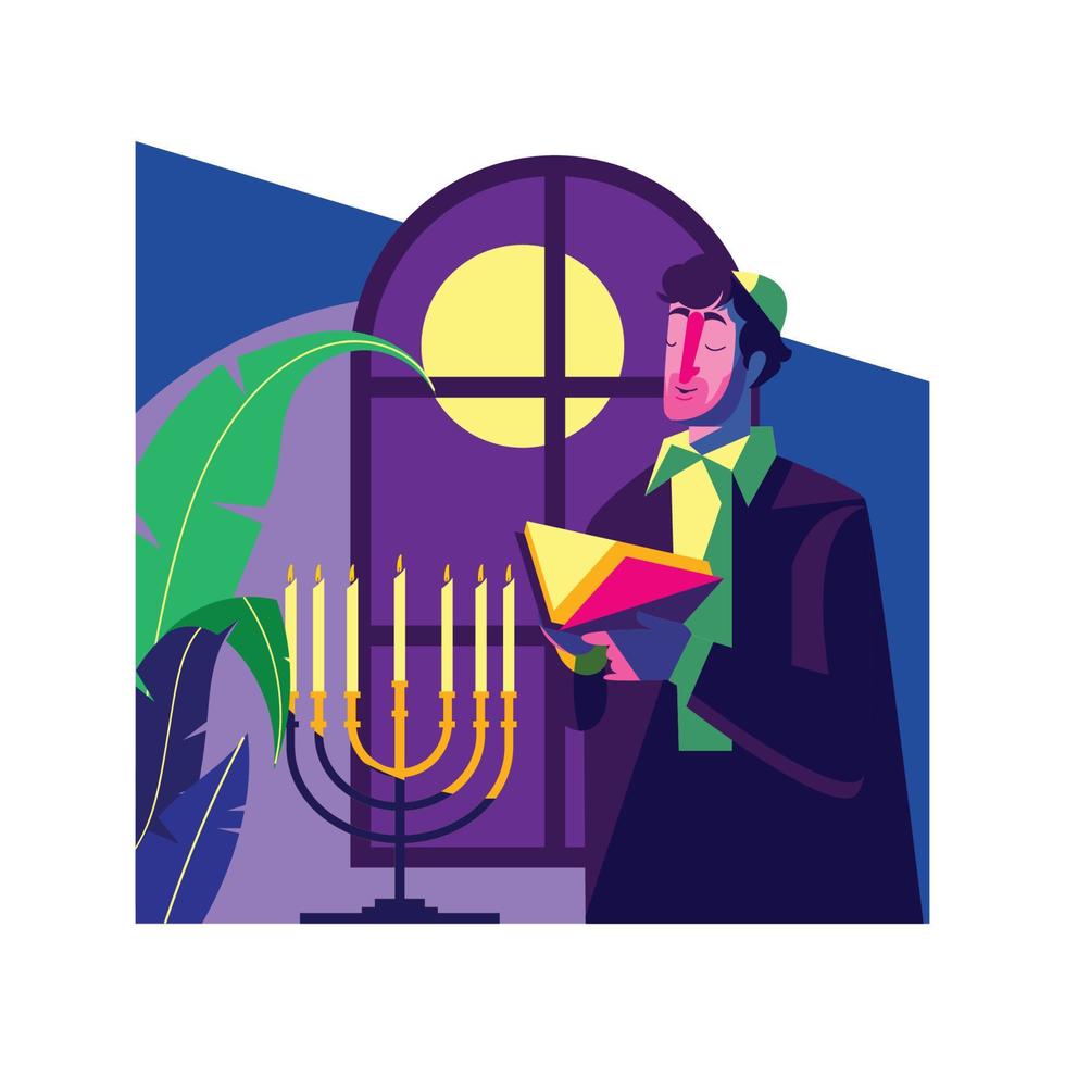 A Man Praying with His Holy Book in Hanukkah Night vector
