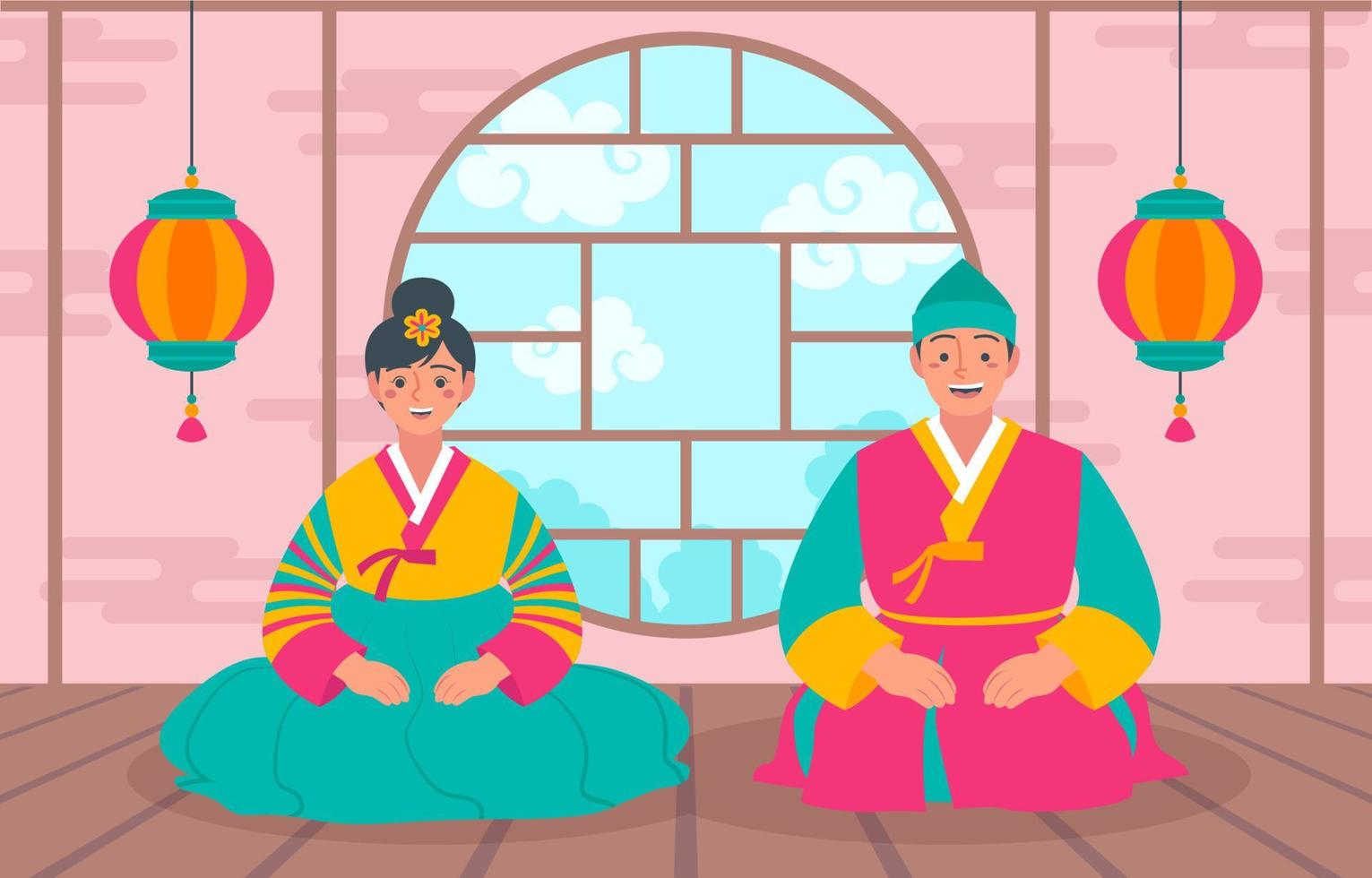 Young Couple Welcoming on Seollal Season vector