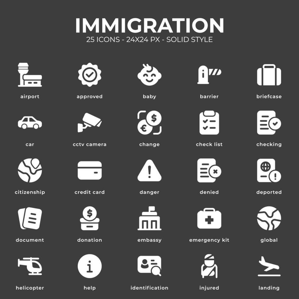 paquete de iconos de inmigración con color negro vector