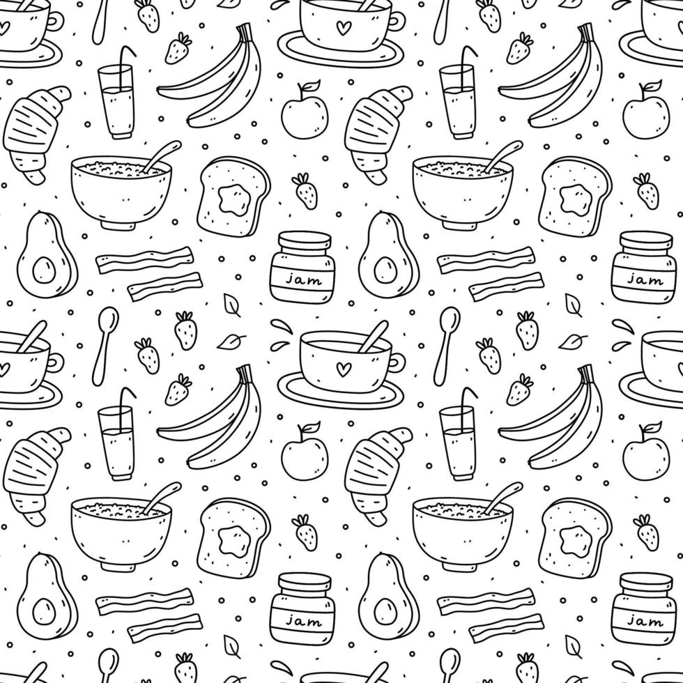 Cute seamless pattern with breakfast food - oatmeal, toast, jam, coffee, croissant, avocado, bacon, fruits. Vector hand-drawn illustration in doodle style. Perfect for print, wrapping paper, wallpaper