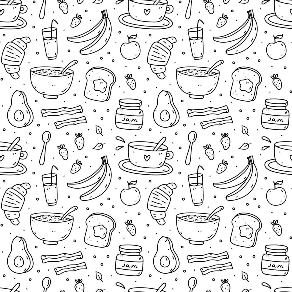 lindo patrón sin costuras con comida para el desayuno: avena, tostadas, mermelada, café, croissant, aguacate, tocino, frutas. ilustración vectorial dibujada a mano en estilo garabato. perfecto para imprimir, papel de envolver, papel tapiz vector