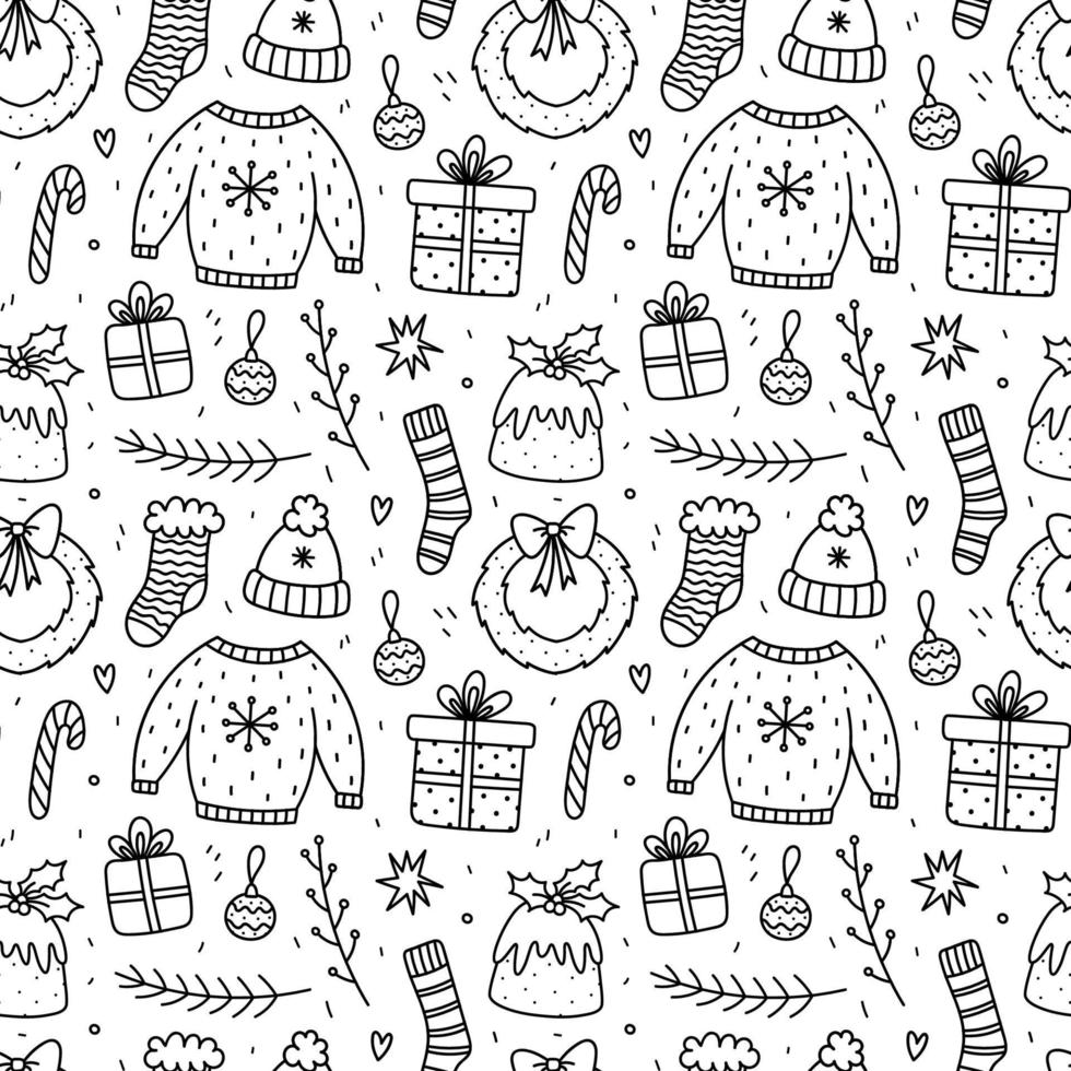Cute xmas seamless pattern with gifts, baubles, wreaths, Christmas pudding, fir branches, socks, ugly sweaters, stars. Vector hand-drawn doodle illustration. Perfect for wrapping paper,packaging,decor
