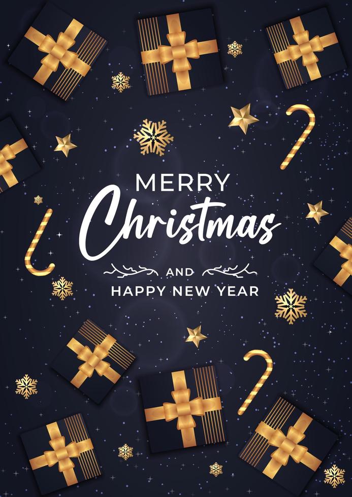 Merry Christmas and Happy new year Poster with golden style gift box, Christmas decoration elements for Retail. vector