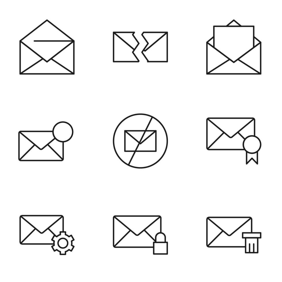 Set of modern outline symbols for internet stores, shops, banners, adverts. Vector isolated line icons of various signs next to envelopes