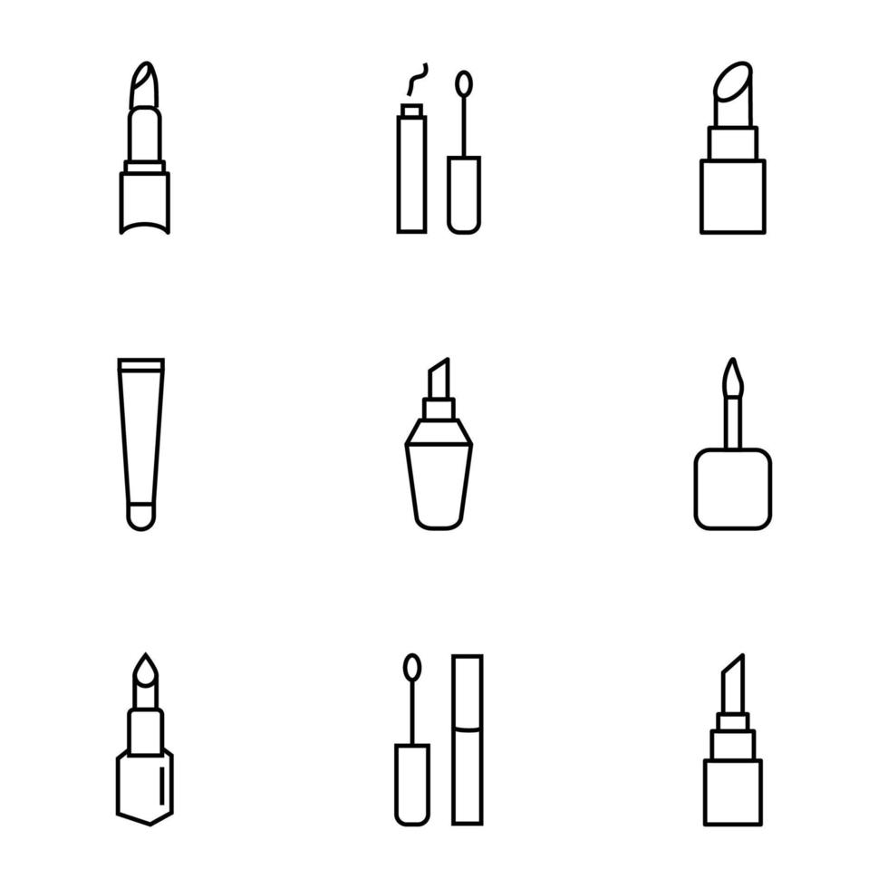 Set of modern outline symbols for internet stores, shops, banners, adverts. Vector isolated line icons of various cosmetics for lips